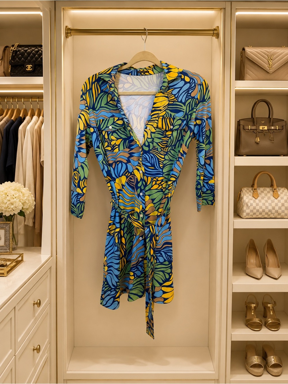 Dress with Vibrant Blue & Yellow Tropical Print
